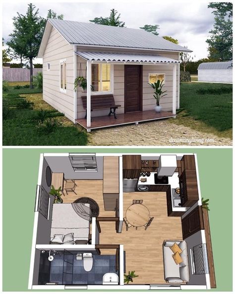 Tiny house Tiny Home Backyard Ideas, In Law Tiny House, Backyard Casita Tiny House, Backyard Rental House Ideas, Backyard Suite, Tiny Home Floorplan, Adu Ideas, Loft Layout, Tiny Backyard