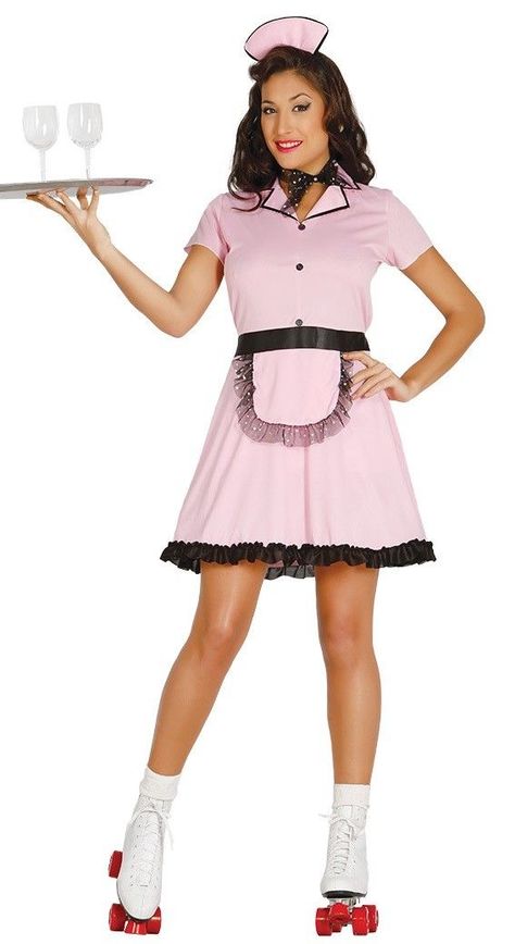 Ladies 50's Diner Costume Pink Waitress Outfit Fancy Dress 50 Diner, Diner Outfits, Army Girl Costumes, Diner Waitress, Waiter Outfit, 1950s Fancy Dress, Waitress Outfit, Pink Ladies Jacket, Waitress Uniform