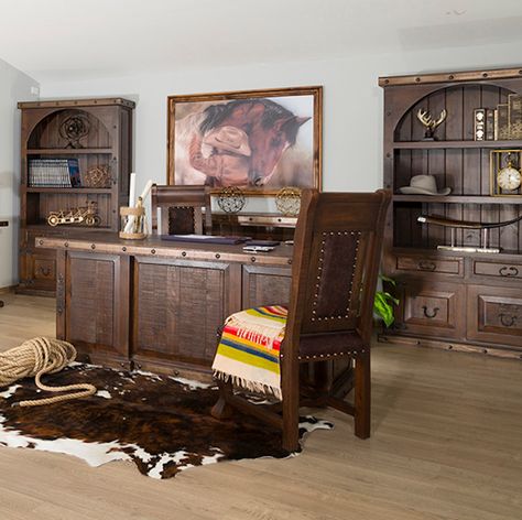 Grand Hacienda Executive Desk #desk #office #rusticfurniture #homeoffice #solidwood #grandhacienda #workspace Equestrian Office Ideas, Yellowstone Inspired Office, Western Chic Office, Southwest Office, Western Office Decor, Bedroom Western, Western Office, Edward Jones, Country Office