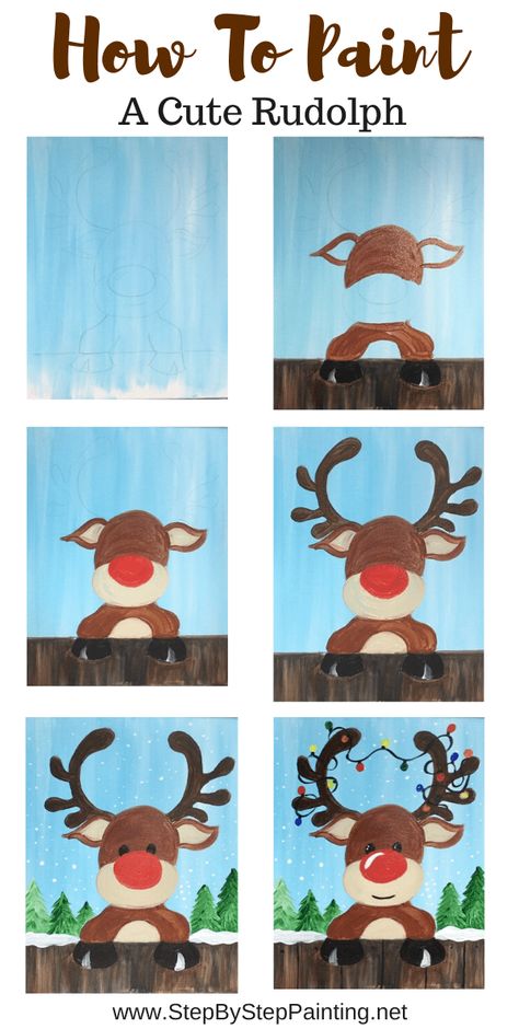 How To Paint A Cute Rudolph - Step By Step Painting Easy Christmas Painting Tutorial, Cute Christmas Paintings, Juleverksted For Barn, Christmas Window Painting, Christmas Art Projects, Christmas Canvas Art, Christmas Drawings, Rudolph Reindeer, Rudolph Christmas