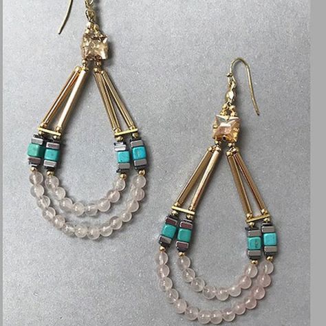 Lead Your Expedition Through The Mall In Style With This Wonderful Beaded Teardrop Shaped Hoops. 3 1/4” Length Fishhook Style Dangle Glass Beads Semi Precious Austrian Crysta Native Earrings, Beaded Jewelry Earrings, Turquoise Rose, Jewelry Designing, Beaded Earring, Earrings Inspiration, Handmade Wire Jewelry, Homemade Jewelry, Earring Patterns