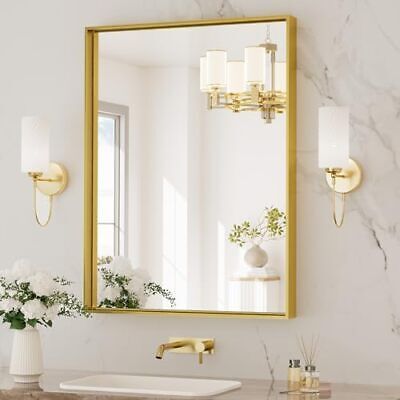 ✨【5mm Safety Shatterproof Glass】 A wonderful bathroom mirror is always combined with several craftwork layers. Excellent silver plated layer provides HD refection without any distortion on the wall mounted mirror. Gold Bathroom Mirror, Brushed Gold Bathroom, Over Sink, Gold Bathroom, Bathroom Vanity Mirror, Brass Frame, Vanity Mirror, Modern Farmhouse, Gold Metal