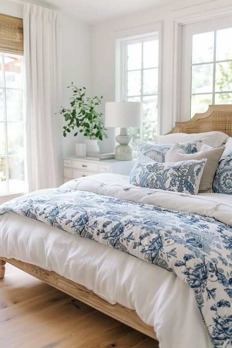 80+ Fresh Summer Bedroom Decor Ideas Pottery Bedroom Ideas, Beachy Interior Design Bedroom, Interior Design Primary Bedroom, Dusty Blue Bedroom Ideas, Fantasy Bedrooms, Pampas Wall, Plant Garland, Summer Bedroom Decor, Costal Bedroom