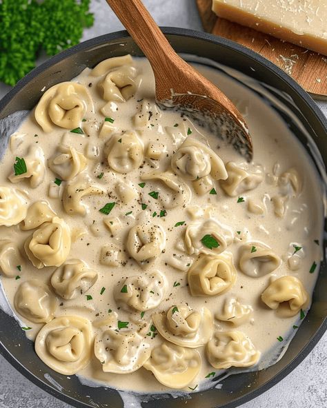 Steak Tortellini Alfredo, Tortellini Alfredo Recipes, Tortellini Pasta Recipes, Tortellini Alfredo, Creamy Tortellini, Camping Meal, Creamy Pasta Dishes, Recipes Italian, Tortellini Recipes