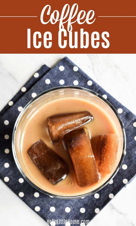 Love Iced Coffee? Then you need to try these Frozen Coffee Cubes! Learn how to make Coffee Ice Cubes with this simple recipe + basic ingredients: freshly Brewed Coffee (or Espresso, Cold Brew, Instant Coffee, etc.), ice cube tray, and sweetener or flavorings (optional). Use these Iced Coffee Cubes to turn hot coffee into Cold Coffee without diluting your drink. Great way to use Leftover Coffee! This recipe for freezing coffee is Vegetarian, Vegan, Gluten Free, Dairy Free. | Hello Little Home Honey Coffee, Coffee Ice Cubes, Coffee Ice, How To Make Coffee, Milk And Honey, Coffee Cafe, Ice Cubes, Frozen Treats, Coffee Recipes