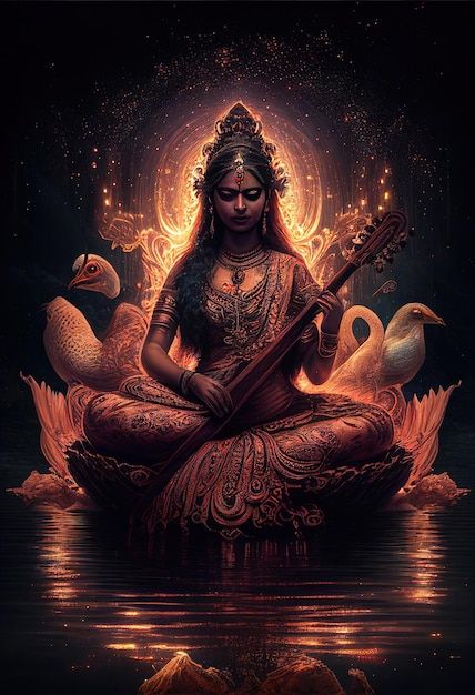 Goddess Saraswati, Saraswati Goddess, Hindu Culture, Indian Goddess, Peace Illustration, Vedic Art, Hinduism Art, Goddess Artwork, Hindu Mythology