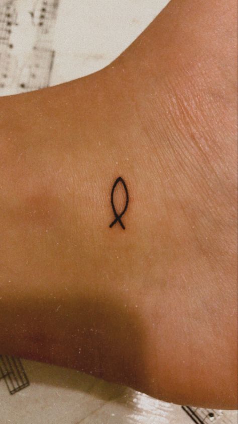 Stick And Poke Tattoo Ideas Christian, Faith Fish Tattoo, Original Small Tattoos, Mini Fish Tattoo, Fish Tattoo On Ankle, Fisher Of Men Tattoo, Mini Tattoos Christian, Fish Ankle Tattoo, Simple Women Tattoos