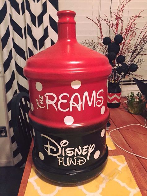 Savings jar Disney Fund Jar, Disney Piggy Bank, Disney Savings Jar, Vacation Savings Jar, Disney Savings, Travel Jar, Water Bottle Crafts, Change Jar, Disney Countdown