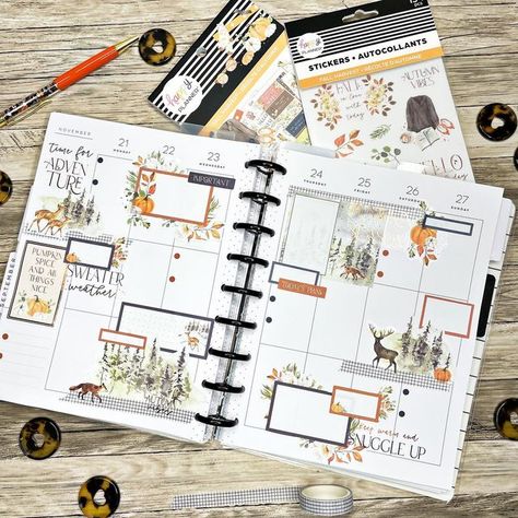 Happy Planner Fall Harvest, Happy Planner Fall Harvest Layout, Fall Planner Ideas, Vertical Planner Layout Ideas, Happy Planner Vertical Layout Ideas, Happy Planner Dashboard Layout Ideas, Mambi Happy Planner Layout, Monthly Journaling, November Planner