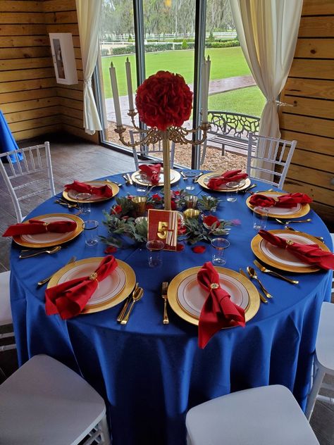 Beauty And Beast Theme Quince, Sweet 16 Snow White Theme, Sweet 15 Beauty And The Beast Theme, Marvel Quinceanera Theme, Sweet 16 Party Ideas Beauty And The Beast, Beauty And Beast Theme Party, Snow White Table Setting, Snow White Quince Dress, Royal Blue And Red Quinceanera Decorations