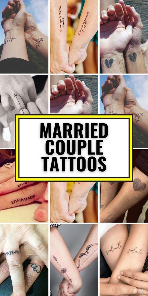 Unique Matching Married Couple Tattoos Featuring Small Symbol and Minimalist Christian Designs Matching Couple Travel Tattoos, Infinity Sign Matching Tattoo, His And Hers Small Tattoos, Couples Lyric Tattoos, Couple Tattoo Small Relationships Simple, Dainty Wedding Tattoos, Couples Tattoo Ideas Unique, Key To My Heart Tattoo Couple, Couples Tattoos Biblical