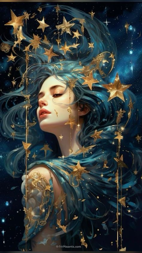 Illustration Art Spiritual, Celestial Woman Art, Star Goddess Art, Female Goddess Art, Goddess Of Stars, Goddess Illustration, Goddess Portrait, Woman With Blue Hair, Goddess Of Life