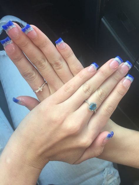 Royal Blue Prom Nails, Silver French Tips, Blue French Manicure, Prom Nails French, Blue Prom Nails, Prom Nail Designs, Prom Nails Red, Prom Nails Silver, Royal Blue Nails