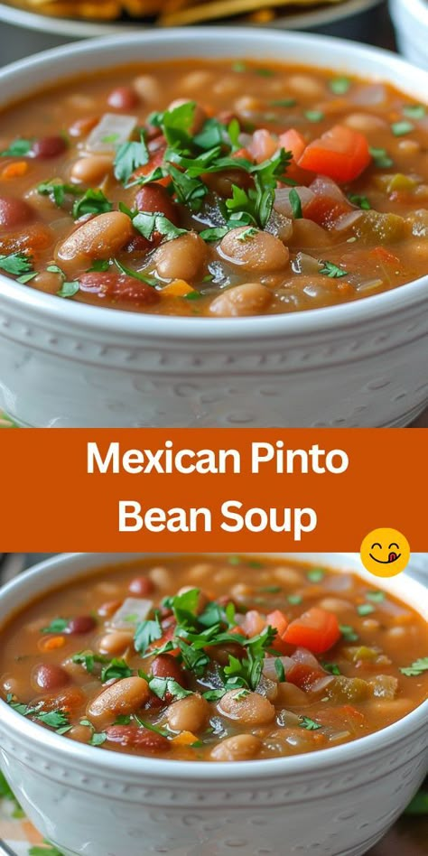 Discover the ultimate comfort in a bowl with our irresistible Mexican Pinto Bean Soup! Bursting with savory bacon, aromatic spices, and hearty pinto beans, this soup is a flavorful fiesta for your taste buds. Quick to make and perfect for any occasion, it's a must-have recipe for cozy nights and festive gatherings alike. Cuban Bean Soup, Mexican Bean Soup Recipes, Pinto Bean Soup Crockpot, Mexican Pinto Bean Recipes, Pinto Bean Recipes Crockpot, Canned Pinto Bean Recipes, Pinto Beans With Ground Beef, Best Pinto Beans Ever, Bean Soup Mexican