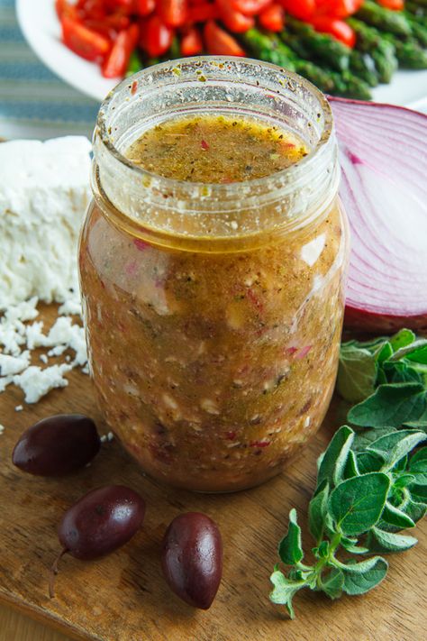 Kalamata Olive and Feta Vinaigrette Kalamata Olive Salad Dressing, Feta Vinaigrette Dressing, Olive Vinaigrette, Feta Vinaigrette, Onion Honey, Olives Kalamata, Closet Cooking, Vinaigrette Salad, Vinaigrette Recipe