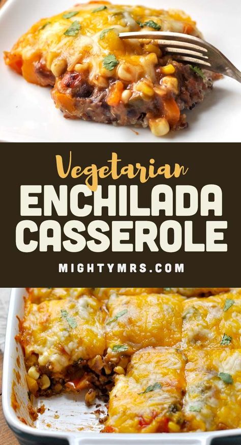 Vegetarian Enchilada Casserole - An easy healthy casserole recipe, perfect for Meatless Monday as a way to ease into healthier eating. Made with black beans, green chilies, quinoa and/or rice, veggies and cheese. This meal is simple to prep and delicious to eat! You won't miss the meat. Mix it up and try it with red or green enchilada sauce. Good both ways!! Lower your carbs—no tortillas needed. Freezer friendly too. MUST TRY for anyone looking to eat healthier or cut out meat from their diet. Mexican Quinoa Casserole, Easy Healthy Casseroles, Vegetarian Enchilada, Vegetarian Enchilada Casserole, Healthy Casserole, Vegetarian Casserole, Vegetarian Enchiladas, Healthy Casserole Recipes, Vegetarian Mexican