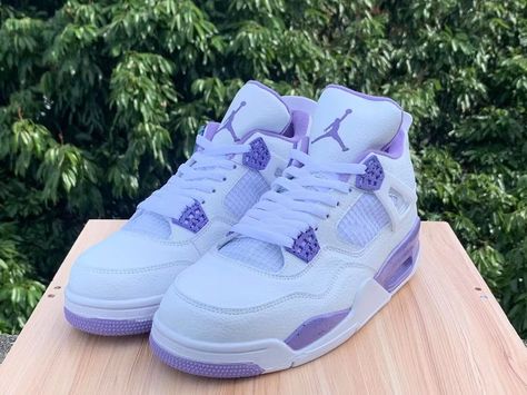 Jordan Dan 4th Generation Air Jordan 4 White Purple 👉Available Now👈 ➡️DM for more details and Price ➡️Payment method PayPal ➡️Delivery all over the world 🌎 Jordan 4 White, Pretty Sneakers, Messy Room, Cat Kids, Designer Trainers, Swag Shoes, Womens Basketball, Midnight Navy, Outdoor Shoes