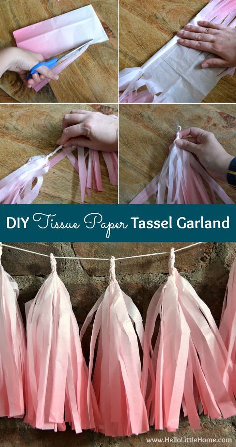 Step-by-step instructions for making a DIY Tissue Paper Tassel Garland + 6 more easy party decorating ideas! | Hello LIttle Home Party Decorating Ideas, Paper Tassel Garland, Tissue Tassel Garland, Trendy Party Decor, Diy Tassel Garland, Tissue Paper Garlands, Tissue Paper Tassel Garland, Tissue Paper Crafts, Tissue Paper Tassel