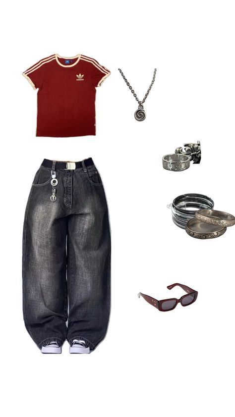 #adidas #red #baggy #jeans #grey #washed #silver #bangle #sunglasses #jewellery #belt #outfit #fashion #2024 Basic Streetwear Outfit, Shuffles Outfits, Streetwear Basics, Acubi Style, Basic Streetwear, Casual School Outfits, Cute Everyday Outfits, Sporty Outfits, Kpop Fashion Outfits