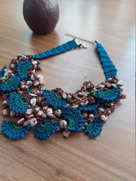 Blue And Green Crochet, Crochet Pieces, Look Attractive, Green Crochet, Neck Accessories, Beaded Collar, Boho Lace, Women Necklace, Wedding Jewellery Necklace