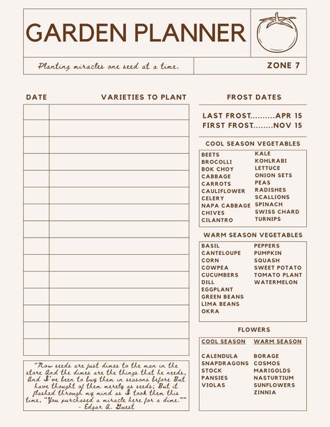 A minimalist garden planner with helpful lists such as first and last frost dates. A list of cool and warm seasons vegetables as well as flowers. A helpful notetaking area is found on the back of the planner for all your garden visions and info dumping. Happy Gardening!! Garden Journal Ideas, Info Dumping, Gardening Journal Printables, Free Garden Planner, Vegetable Garden Planner, Flower Journal, Allotment Gardening, Garden Diary, Zone 7