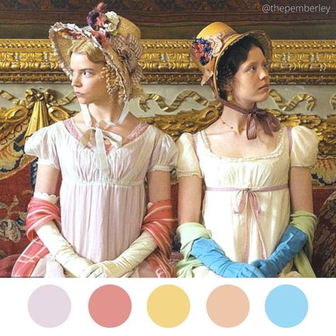 Emma (2020) color palette of Emma Woodhouse and Harriet Smith Emma Movie, Regency Aesthetic, Emma 2020, Emma. 2020, Emma Woodhouse, Emma Jane Austen, Damien Chazelle, Film Trailer, Regency Era Fashion