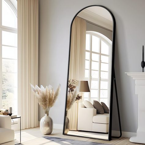 71"x28" Arched Full Length Large Black Mirror - Standing or Leaning Against Wall Under £300 #williamwoods #amazon #largemirror #stylishmirror #freestandingmirror #archedmirror #fulllengthmirror #homedecor #simpledecor #beige #black Large Bedroom Mirror, Full Length Mirror Stand, Floor Length Mirror, Full Length Mirrors, Full Length Floor Mirror, Floor Standing Mirror, Full Length Mirror Wall, Mirror Wall Bedroom, Full Body Mirror