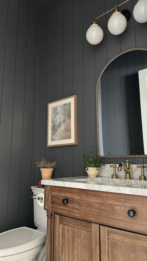 Instagram Moody Powder Bath, Oak Interior Design, Park And Oak, Shiplap Bathroom, Oak Interior, Oak Dining Room, Floor Renovation, Oak Bathroom, Jack And Jill Bathroom