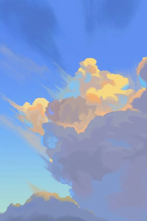 Sky Painting Reference, Stylized Clouds Illustrations, Cloud Sky Drawing, Digital Art Clouds, Sky Perspective, Cloud Reference, Cloud Character, Colourful Clouds, Cloud Illustration