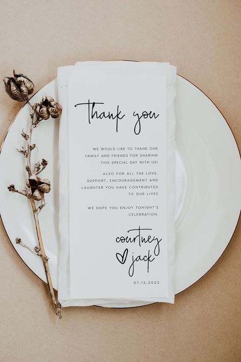 Modern Wedding Table Thank You Card Template, Minimal Printable Thank You Cards, Calligraphy, Script, Instant Download, Templett, CRTNY - Etsy UK Engagement Party Thank You Cards Wording, Wedding Gift Thank You, Thank You Table Decorations, Table Card Wedding, Name Table Wedding, Name Cards Wedding Table, Wedding Table Ideas Receptions, Wedding Card Table Ideas, Table Names Wedding Ideas