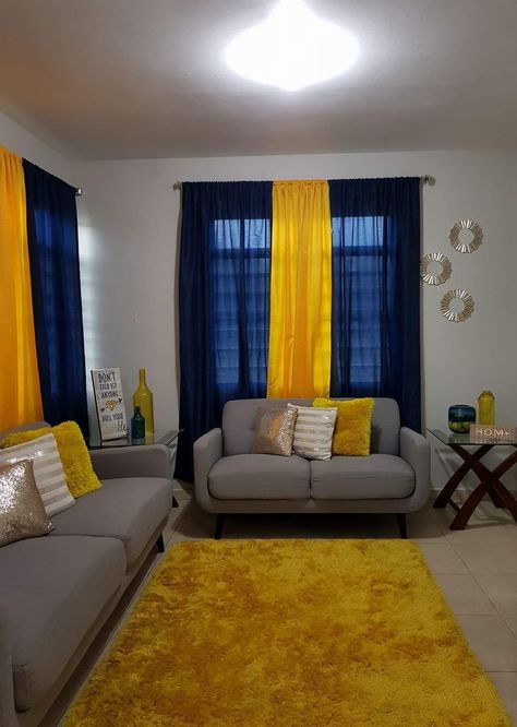 Royal Blue Yellow And Grey Living Room, Blue Couch Yellow Curtains, Royal Blue And Yellow Living Room, Mustard Color Curtains Living Room, Yellow Blue Curtains, Yellow Curtains Living Room, Blue And Yellow Living Room, Lcd Wall, Yellow Decor Living Room