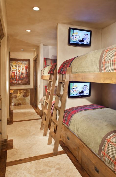 Bunk bed heaven for the kids! would not give each kid his own TV, otherwise...love this bedroom! Girls Room Bunk Beds, Girls Bunk Beds, Adult Bunk Beds, Tahoe Cabin, Kids Beds With Storage, Queen Bunk Beds, Bunk Beds For Kids, Bunk Bed With Desk, Beds For Kids