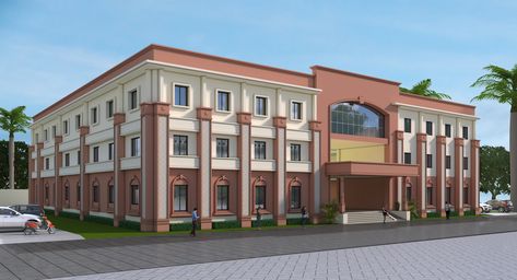 College Elevation Design, School Front Elevation Design, School Elevation Design Architecture, School Building Design Exterior, School Elevation Design, School Elevation, Krishna Design, Rehabilitation Center Architecture, Institutional Architecture