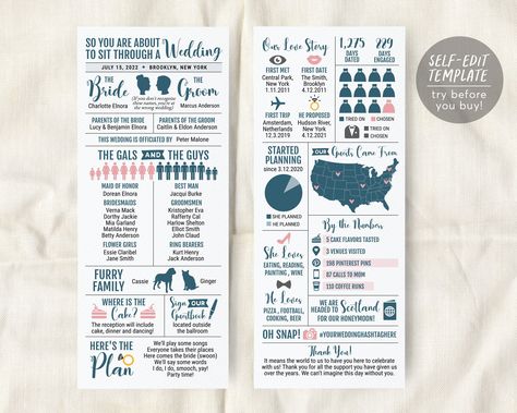 Infographic Wedding Program Editable Template, Long Reception Program, Funny Wedding Program Printable, Unique Modern Fun Ceremony Program Unique Wedding Programs Creative, Wedding Program Infographic, Fun Wedding Program Ideas, Wedding Programs Funny, Reception Program, Fun Wedding Programs, Wedding Infographic, Funny Wedding Cards, Wedding Newspaper