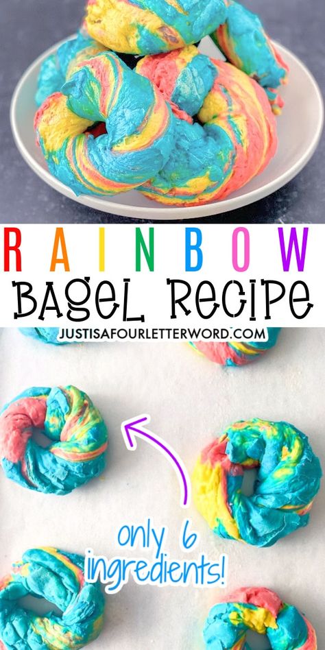 Rainbow Bagel Recipe, Tie Dye Food, Rainbow Bagel, Rainbow Bagels, Rainbow Bread, Bagel Recipe Easy, Bagels Recipe, Springtime Recipes, Baked Donut Recipes