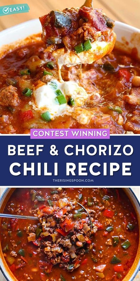 Chili Chorizo Recipe, Beef Chorizo Chili, Chili With Bbq Sauce, Mexican Chili Soup, Chili Recipe Instant Pot Easy, Beef Tip Chili, Double Beef Chili, Beef Tip Chili Recipe, Best Spicy Chili Recipe Award Winning