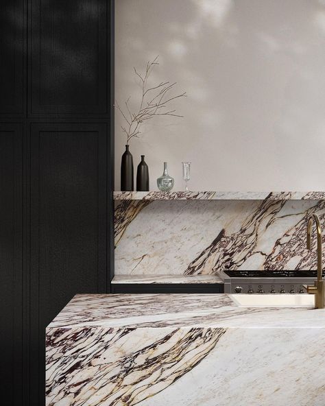 Ollin Stone on Instagram: “Calacatta Viola is a stunning marble, boasting an inviting warm white base with bold and dramatic red and violet veins. It's no surprise…” Marble Countertops Bathroom, Red And Violet, Calcutta Marble, Black White Kitchen, Calacatta Viola, Future Kitchen, Marble Backsplash, Bathroom Countertop, Bathroom Countertops