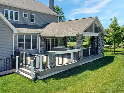 Barnwood Porch / TimberTech Deck / Flagstone Patio - Royersford, PA | Sq Ft | Keystone Custom Decks Stone Porches, Custom Porch, Covered Patio Design, Patio Remodel, Glen Mills Pa, Outdoor Covered Patio, Vintage Porch, Patio Deck Designs, Outdoor Patio Designs