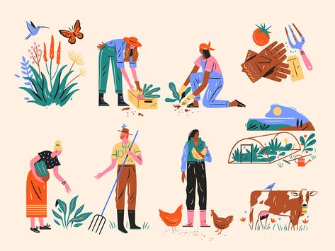 Farming Spots by Brad Cuzen Brad Cuzen, Spot Illustration, Garden Illustration, 강아지 그림, Harbin, People Illustration, Flat Illustration, Illustration Character Design, Editorial Illustration