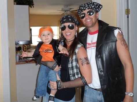 Family Halloween costumes- biker fam Biker Gang Family Costume, Family Biker Halloween Costumes, Biker Dude Halloween Costume, Motorcycle Gang Costume, Biker Party Outfit, Biker Gang Halloween Costumes, Baby Biker Costume, Gang Halloween Costume, Baby Twin Halloween Costumes