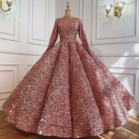 Stunning all sequin long sleeve ball wedding gown Doll Gowns Dresses, Long Sleeve Ball Gown Prom, Ball Gowns Long Sleeve, Modeling Dresses, Prom Things, Kristen Dunst, Long Sleeve Ball Gown Wedding Dress, Arab Style, Princess Gowns