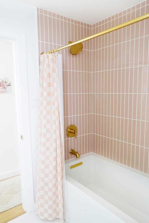 Laura's Pink Tile Bathroom Makeover (Before + After) - A Beautiful Mess Girls Bathroom Tile, Pink Tile Bathroom Makeover, Tile Bathroom Makeover, Kid Bathroom Ideas, Pink Tile Bathroom Ideas, Girl Bathroom Ideas, Pink Tile Bathroom, Kids Bathroom Girls, Pink Bathroom Tiles