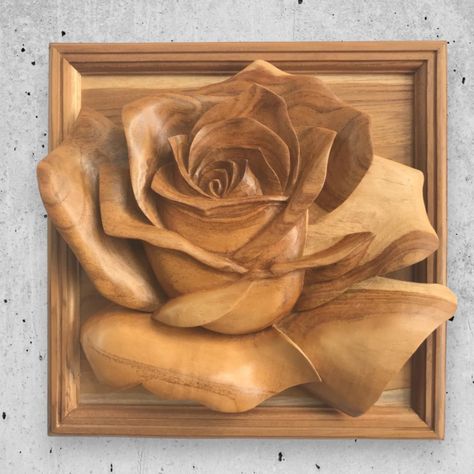 ✦ Enchanted Elegance "Rose Flower Wooden Sculpture," a mesmerizing art piece that blends nature's beauty with masterful craftsmanship. This meticulously handcrafted sculpture captures the delicate allure of a blooming rose, meticulously carved from a single block of premium quality Teak wood. With its exquisite details and timeless design, this sculpture is a captivating addition to any home or office decor. ✦ Each petal is delicately carved with precision, showcasing the skillful craftsmanship Rose Carving Wood, Teak Wood Wall Decor, Wooden Sculpture Art, Rose Carving, Woodcarving Ideas, Luxury Wedding Gifts, Carved Wall Art, Cnc Wood Carving, Wooden Roses