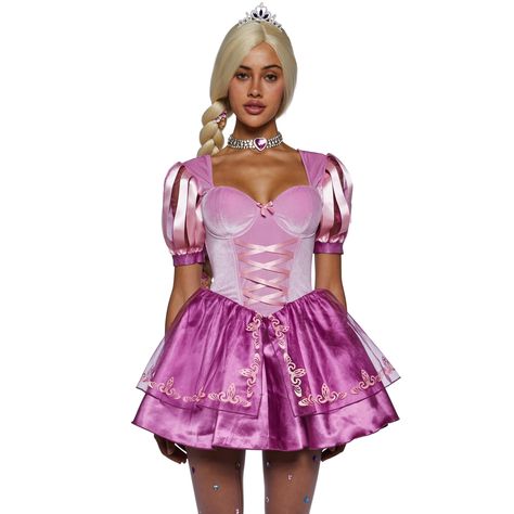 PRICES MAY VARY. Complete Princess Look: This costume set includes a mini dress and crown for a magical and enchanting appearance. Elegant Design: Features a stretchy velvet, satin, and organza fabric with underwire bust cups, short puff sleeves, boning, sparkly printed graphics, a tulle petticoat, and a back zip closure. Quality Materials: Made from a blend of 95% Polyester and 5% Spandex, this costume ensures both comfort and durability, allowing you to enjoy your event without discomfort. Eas Trapped Princess, Tangled Costume, Long Hair Princess, Rapunzel Costume, Womens Fancy Dress, Costume Store, Princess Costume, Princess Outfits, Original Fashion