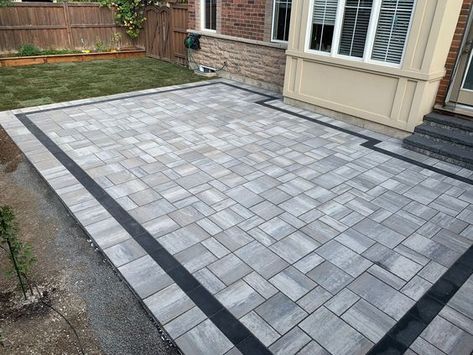 Concrete Patio Ideas to Choose from for your Compound Square Stone Patio Ideas, Grey Pavers Backyard, Paver Designs Patterns Backyard, Interlock Patio Backyard, Patio With Steps Down From House, Concrete Patio Ideas, Paver Designs, Backyard Seating Area, Concrete Patio Designs