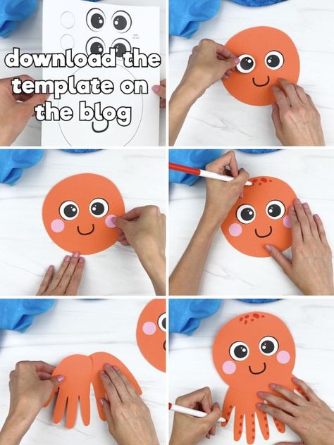 Download Your Handprint Octopus Template Below Octopus Crafts For Preschoolers, Octopus Toddler Craft, Octopus Craft Kindergarten, Octopus Handprint Craft, Octopus Art Preschool, Preschool Octopus Craft, Octopus Template Free Printable, Octopus Craft Preschool, Handprint Octopus