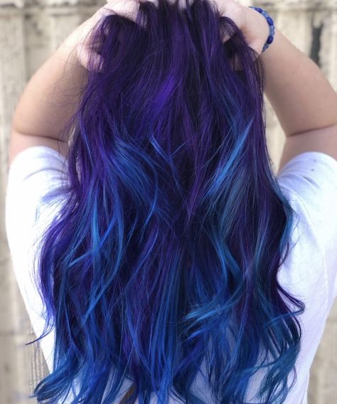 Night Sky Hair Color, Black Hair With Blue And Purple Streaks, Blueish Purple Hair, Purple And Blue Hair Color Ideas, Purple To Blue Hair, Unnatural Hair Color Ideas, Blue And Violet Hair, Silver And Blue Hair, Purple Blue Hair