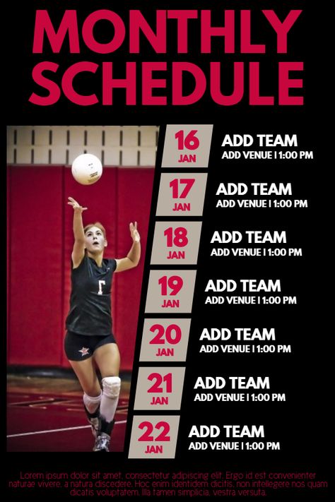 Volleyball match schedule poster template Match Schedule Design, Schedule Inspiration, Volleyball Schedule, Schedule Graphic, Event Schedule Design, Athletic Posters, Sports Schedule, About Volleyball, Event Poster Design Inspiration