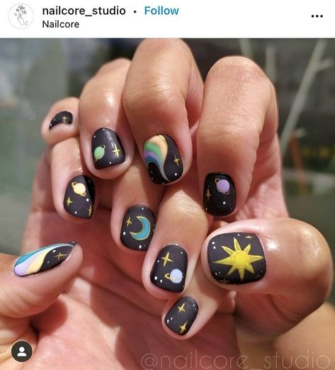 Moon Nail Art, Man Nails, Mix Match Nails, Trendy Nail Polish, Multicolored Nails, Witchy Nails, Natural Nail Designs, Space Nails, Hippie Nails