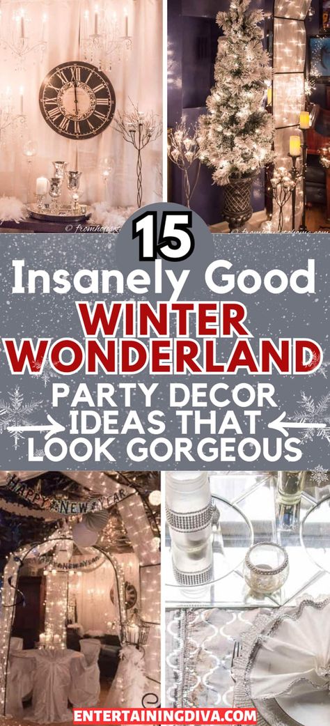 15 Elegant Winter Wonderland Party Ideas | Best New Years Eve Party Ideas Elegant Christmas Party Decorations Winter Wonderland, 50th Winter Wonderland Party, Winter Wonderland Backdrop Ideas Diy, Winter Wonderland Diy Decorations Budget, Frost Yourself Party, White Out Birthday Party Theme, White Wonderland Party, Winter Formal Party Ideas, Winter Wonderland Christmas Party Ideas